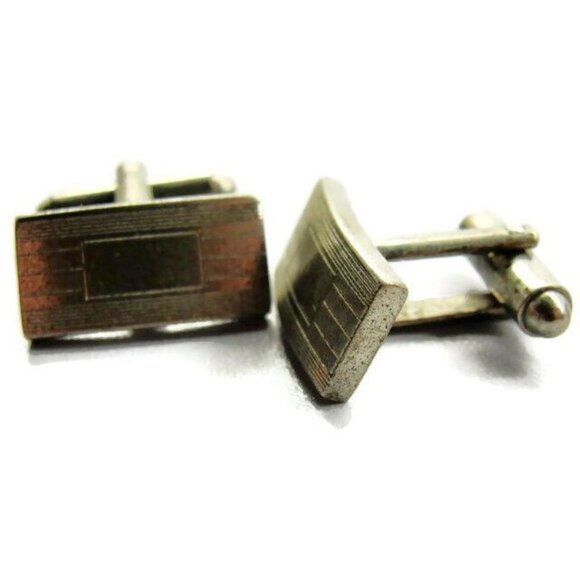 Rectangular Cufflinks With Horizontal Lines Sterling Silver 925 Vintage Patina - Picture 9 of 10